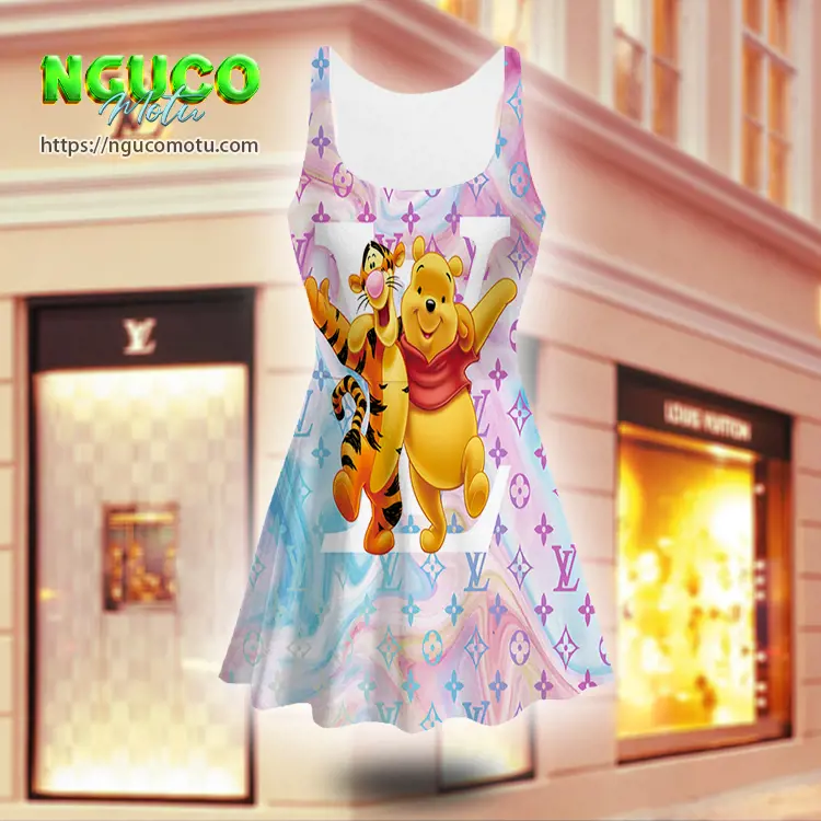 Lv and disney winnie the pooh louis vuitton sleeveless midi flared dress gift uninque for women